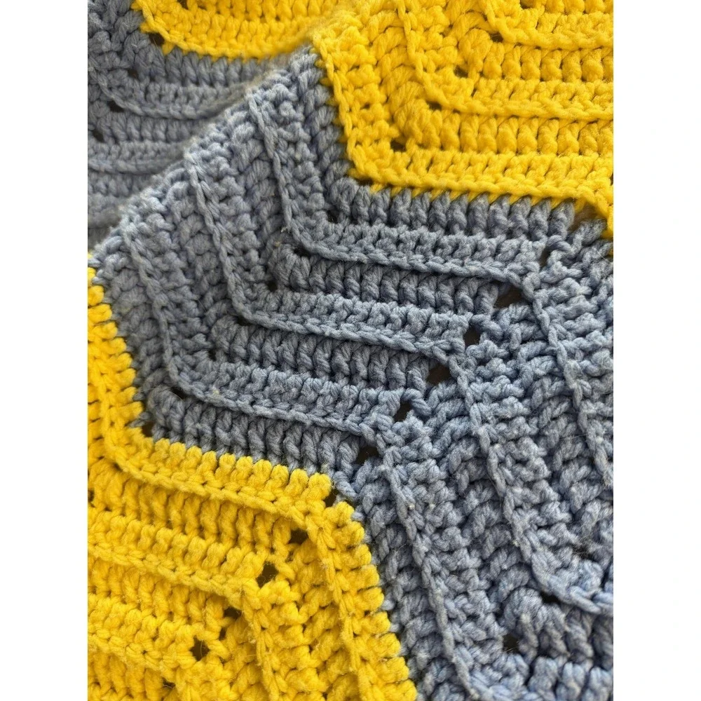 Handmade Chevron Throw Blanket 63x65 Yellow Gray Chunky Knit‎ Boho Afghan